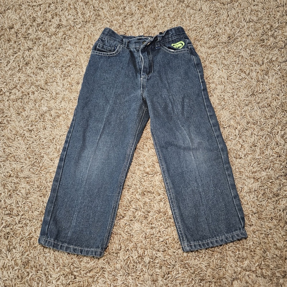 Ecko Unltd Kids Size 4T Blue Denim Jeans With‎ Green Logo Needs New Button